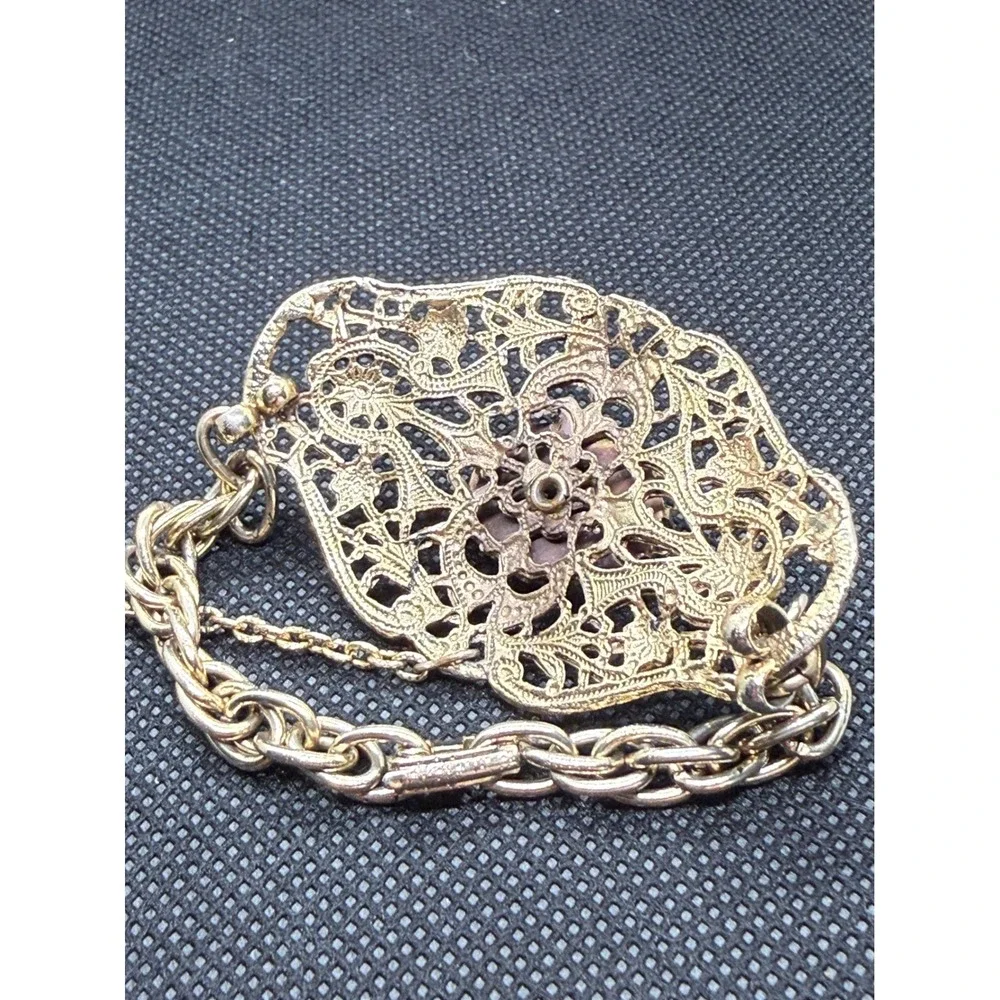 Vintage Blue Cabochon Gold Tone Filigree Slave Bracelet Ring Hand Chain Set